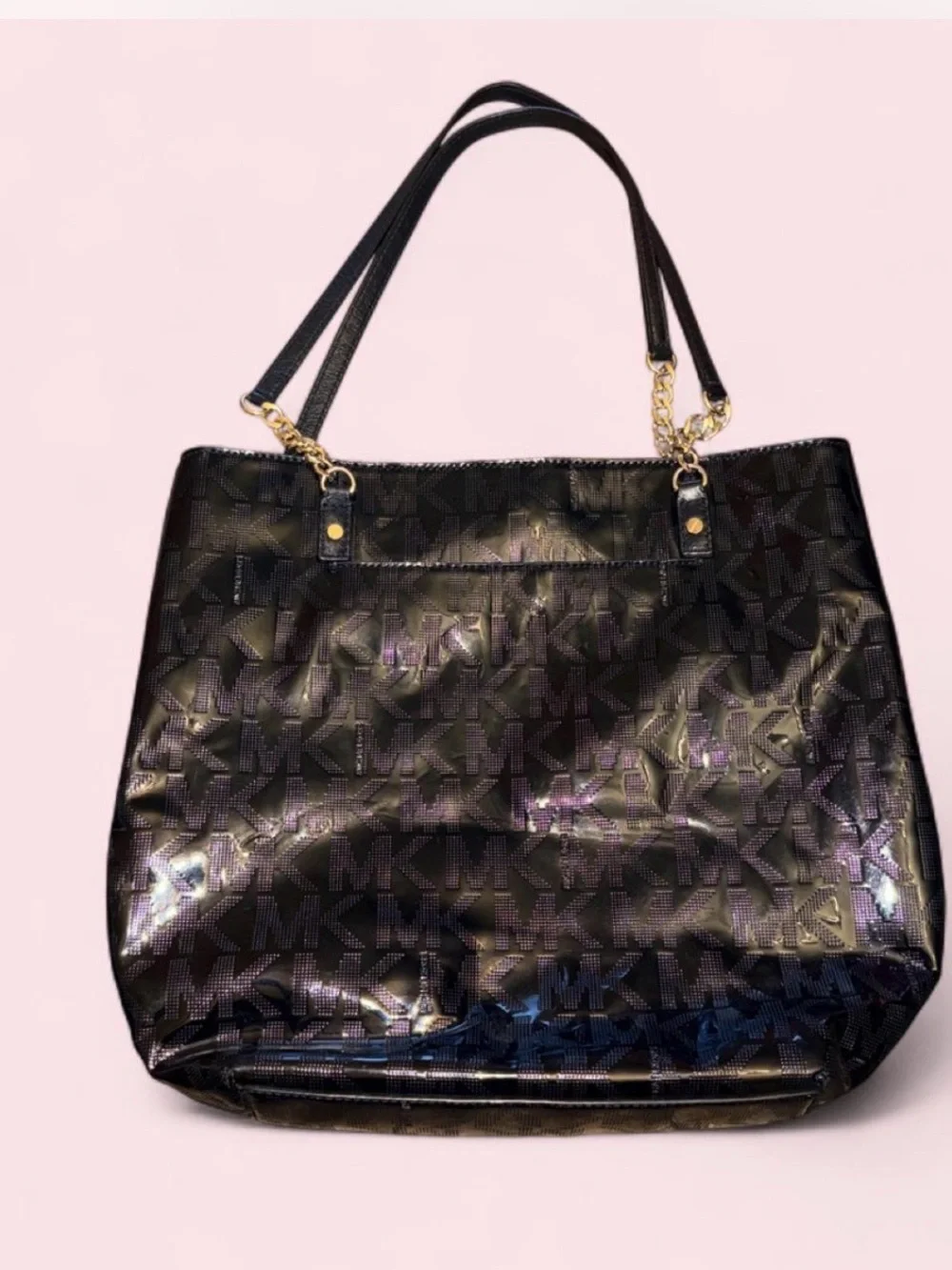 Michael Kors Black Patent MK Logo Tote with Gold Chain Accents